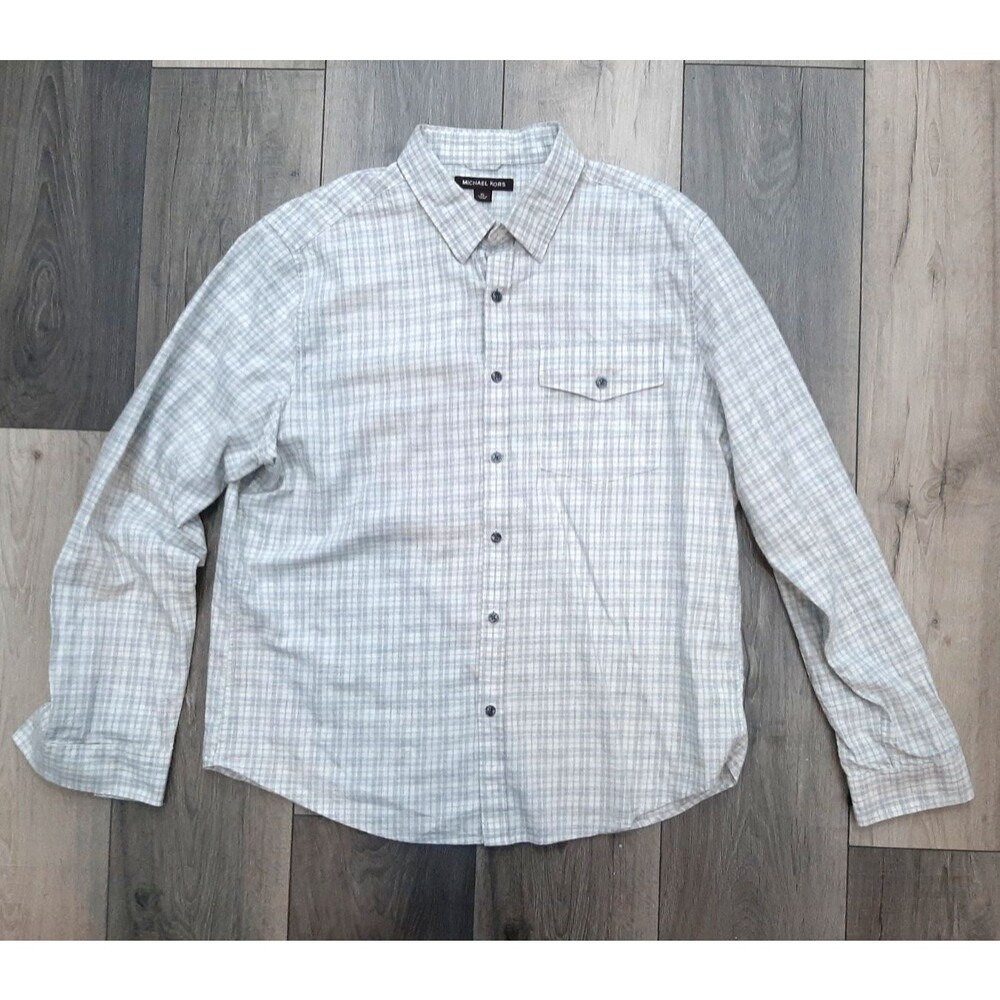MICHAEL KORS LONG SLEEVE BUTTON UP SHIRT WHITE /GREY SZ XL
